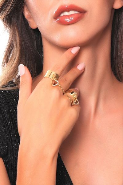 LABALABA Women's Gold Color Lacquer Plated Chain Linked Heart Charm Detailed 2 Rings