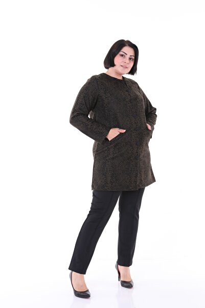 EVS WOMAN Women's Khaki Patterned Jacquard Fabric Large Size Jacket