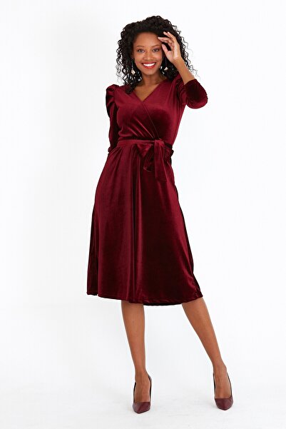 ADASTYLE Βελούδινο, Μίντι Βελούδινο Μπορντό Φόρεμα