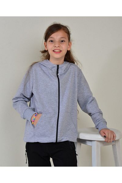 KİDSPİTİRCİK Unisex Kids Gray Zippered Hooded 2 Thread Combed Cotton Cardigan 4-season