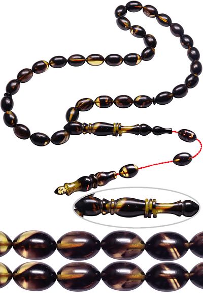 Tesbih Atölyesi Black Crimped Amber Prayer Beads - With Beyzi Cut and Systemized Ring
