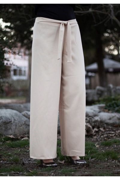 Modakenti Elastic Waist Belted Wide Leg Trousers - Stone