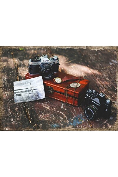 Genel Markalar 35cmX50cm Ahşap Tablo Nostaljik Fotoğraf Makinaları