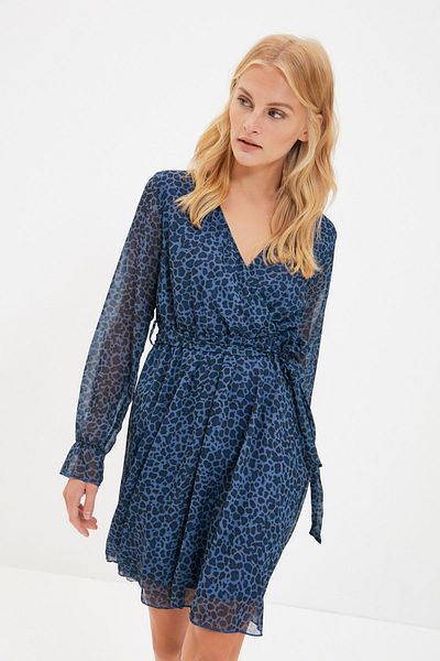 Trendyol Collection Vícebarevné páskové dvouřadé leopardí mini tkané šaty TWOSS20EL0626