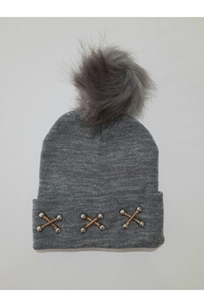 dükkan10butika Жіноча шапка з принтом і помпонами, сіра