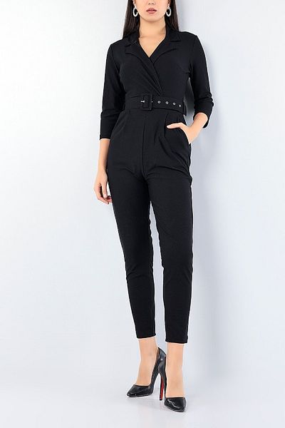 lovebox New Season Black Double Breasted Collar Jumpsuit with Belt Detail 76010