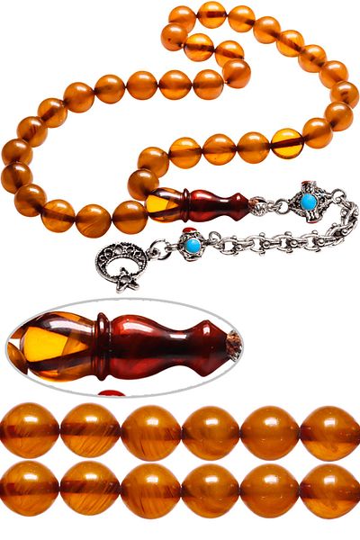 Tesbih Atölyesi Aleppo Tasseled Sphere Cut Apricot Color Pressed Amber Prayer Beads