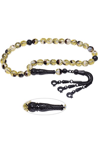 Tesbih Atölyesi Certified Black Yellow Colored Natural Quartz Stone Prayer Beads