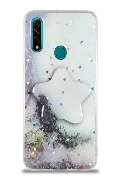 CaseWorld Oppo A31 Kapak Mermer Desenli Pop Socketli Silikon Kılıf - Beyaz