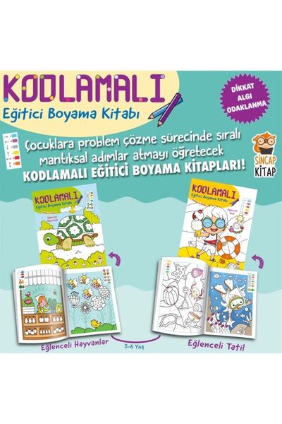 Sincap Kitap Kodlamalı Eğitici Boyama Seti-5-6 Yaş 1.2 Seviye-2 Kitap Takım