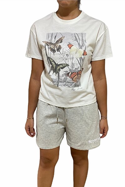 Kadın Beyaz Kelebek Desenli Bisiklet Yaka Penye T-Shirt