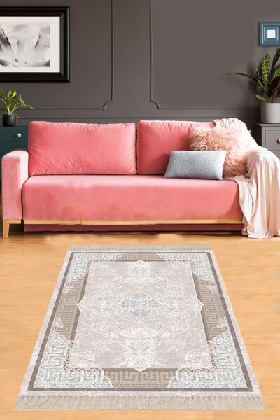 on the clouds Şal Desenli Çerçeveli Işleme Motifli Yıkanabilir Kaymaz Taban L...