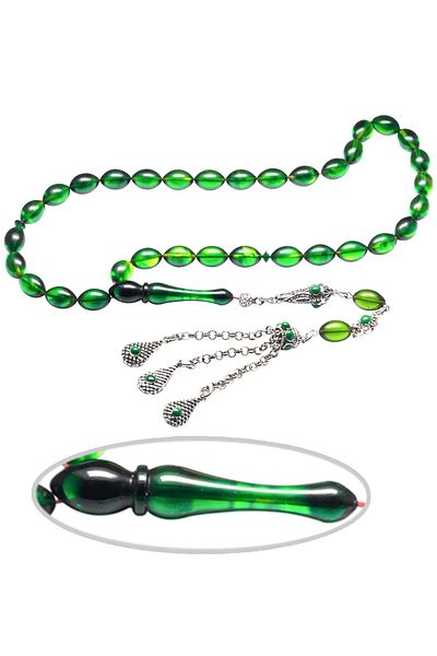 Tesbih Atölyesi Green Black Colored Solid Cut Aleppo Tassel Fire Amber Rosary
