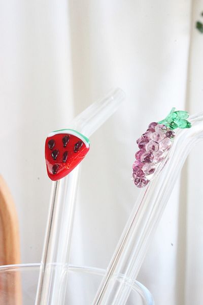 ADAMODART Set of 2 Glass Straws with Grape & Watermelon Figures