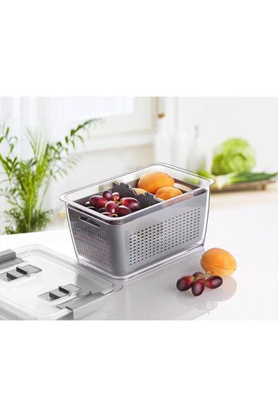 Bayev Acrylic 9 Liter Picnic Fruit Vegetable Storage Container with Strainer Gray