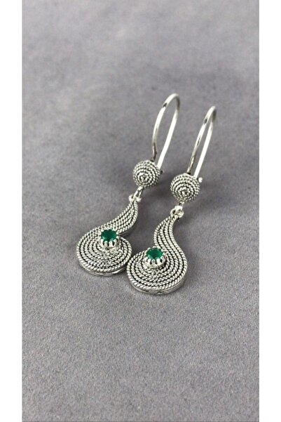 BEY SİLVER Zümrüt Telkari Parmak Izi Su Damlası Gümüş Kadın Küpe