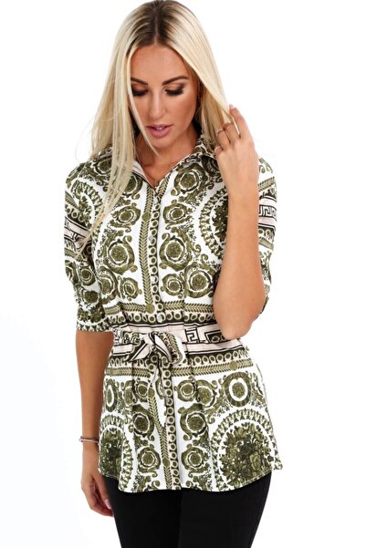 fasardi Etnik Desenli Bel Detaylı Kadın Gömlek