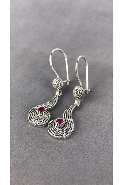 BEY SİLVER Yakut Telkari Parmak Izi Su Damlası Gümüş Kadın Küpe