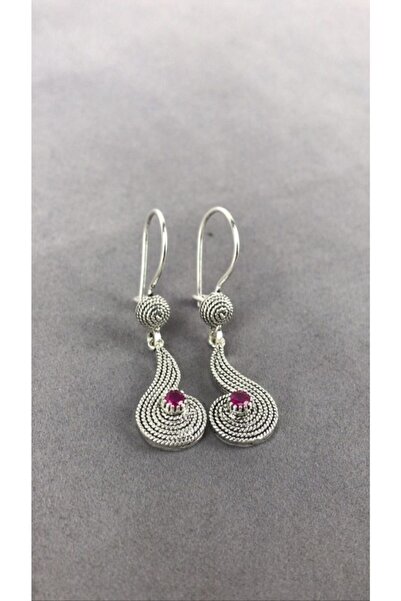 BEY SİLVER Yakut Telkari Parmak Izi Su Damlası Gümüş Kadın Küpe