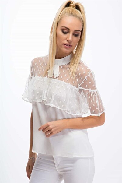 fasardi Puantiye Desenli Omuzları Transparan Kısa Kollu Bluz