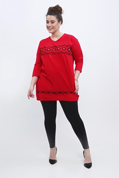 fasardi Flok Baskılı V Yaka Büyük Beden Tunik