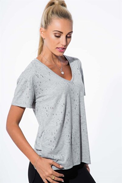 fasardi V Yaka Transparan Detaylı Tişört