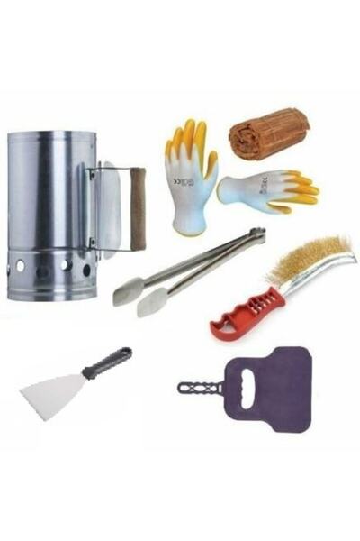 Açan Mangal Barbekü Yakma Seti Kormatik Çıra Yelpaze Çelik Maşa Eldiven 7 Par...