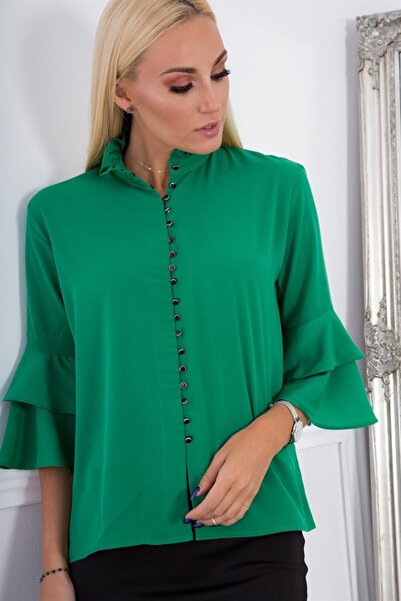 fasardi Kolları Volanlı Fırfır Yaka Kadın Gömlek