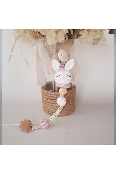 CARMELİNA Rabbit Rattle and Pacifier Strap 100% Hand Knitted