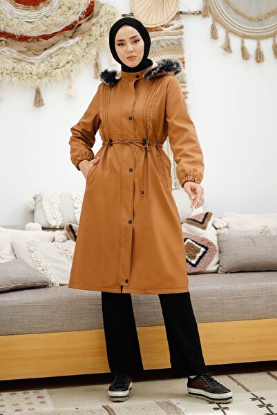 InStyle Piping Detail Gathered Waist 0021 Coat - Brown