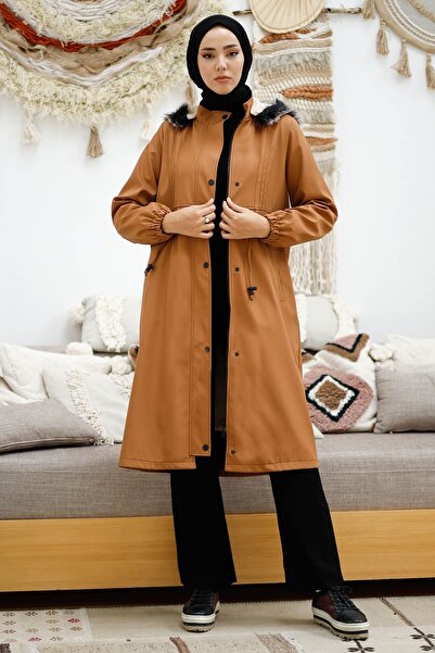 InStyle Piping Detail Gathered Waist 0021 Coat - Brown