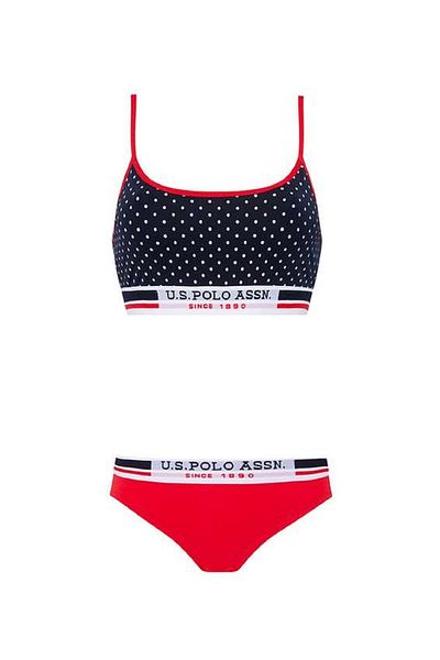 U.S. Polo Assn. Navy Blue Polka Dot Bustier Red Shorts Set