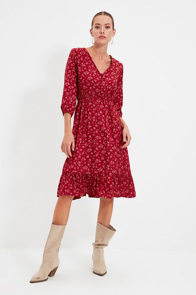 Trendyol Collection Rochie țesută cu nasturi cu flori bordeaux TWOSS20EL0577