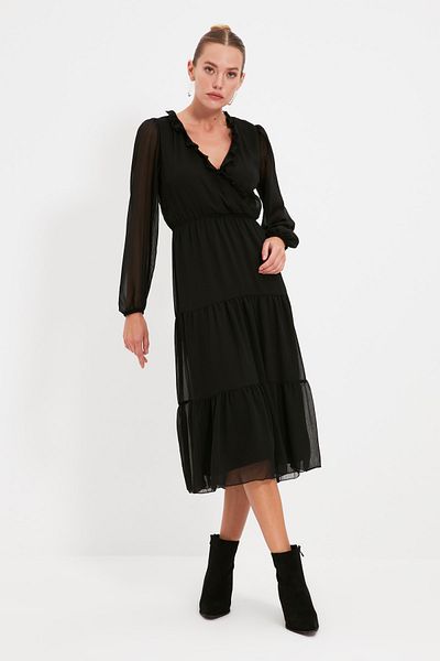 Trendyol Collection Černé midi tkané šaty s výstřihem do V TWOAW21EL0164