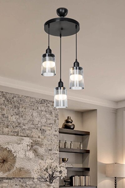 Modelight Aksel 3'lü Avize Füme Optik Camlı Siyah