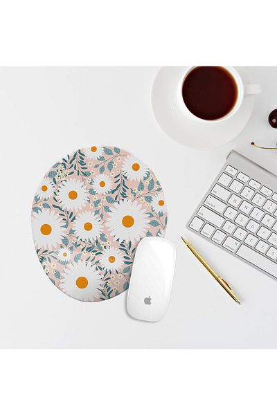 Özer Store Pink Floral Oval Mouse Pad with Wrist Support