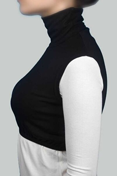 Altobeh Sıfır Kol Balıkçı Yaka Tam Boğazlı Likralı Penye Kadın Yarım Body - Siyah