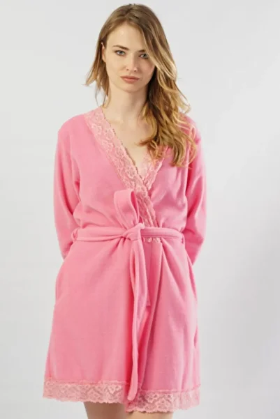 vienatta Fleece Long Sleeve Lace Short Dressing Gown