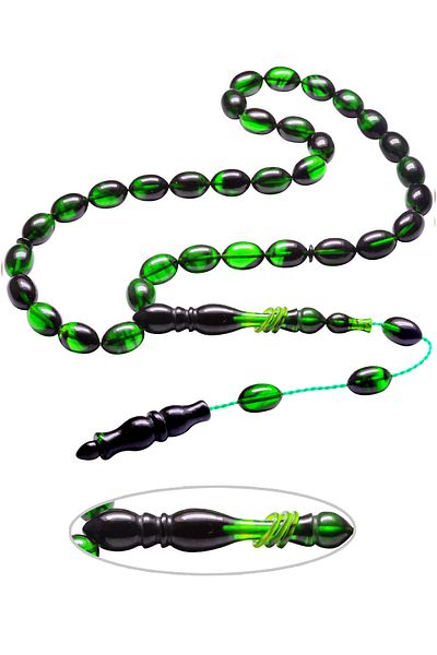 Tesbih Atölyesi Green Black Moire - Certified System Fire Amber Prayer Beads