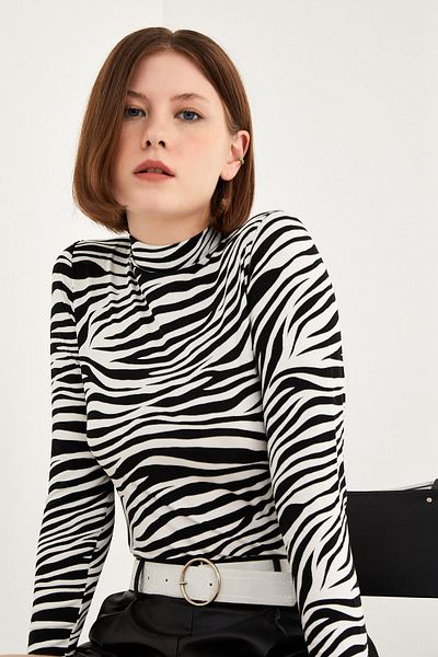 Bukamiss Body de damă cu mânecă lungă cu model zebră neagră