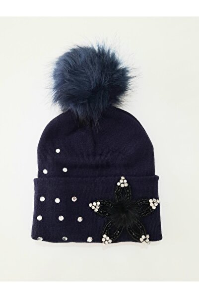 dükkan10butika Жіноча шапка з одним чорним квітковим мотивом, прикрашена камінцями та помпонами, синього кольору
