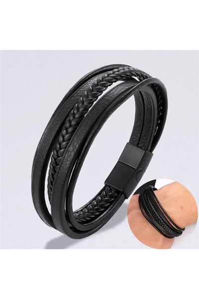 Gogoey Men's Leather Bracelet Black Magnetic Buckle Braided Bracelet
