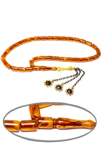 Tesbih Atölyesi Certified Orange Colored Moire Squeezed Amber Prayer Beads