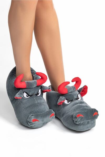 Twigy Boğa Unisex Ev Içi Hayvanlı Gri Panduf - Ultrasoft Bull