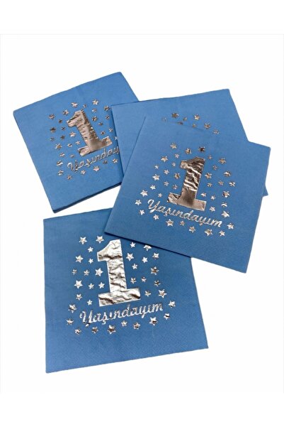 Dipak Gümüş Mavi Renk Varaklı 1 Yaşındayım Doğum Günü Peçetesi 16 Adet Adet 3...