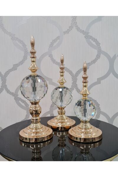 Furkan Dekoratif Kesme Küre Altın Cam Üçlü Obje