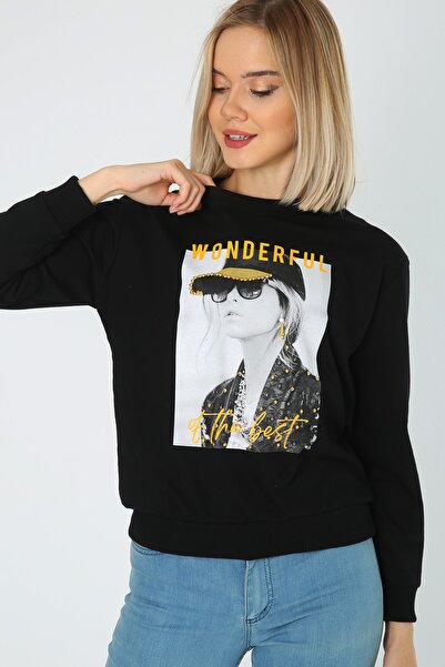 MADAME DREAM Kadın Taşlı Baskılı Siyah Bisiklet Yaka Sweatshirt