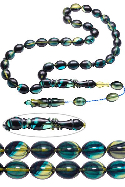 Tesbih Atölyesi Dark Blue Colored Beige Cut Clamping Amber Prayer Beads with System and Ring