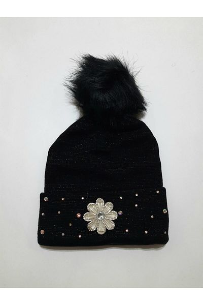 dükkan10butika Beretă Damă Pompon Sclipici cu Motiv Floral Negru