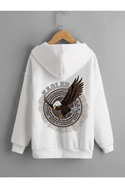 Relax family xf Beyaz Kapüşonlu Eagle Baskılı Sweatshirt